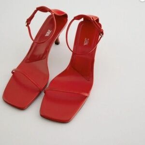 NWT, ZARA RED MINIMALIST HEELED LEATHER SANDALS, 8